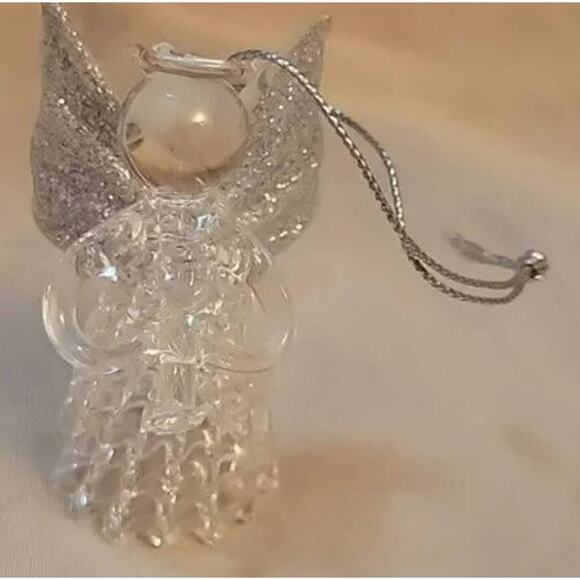 Vintage Glass Christmas Angel with Trumpet and Silver Glitter Wings - Picture 1 of 5